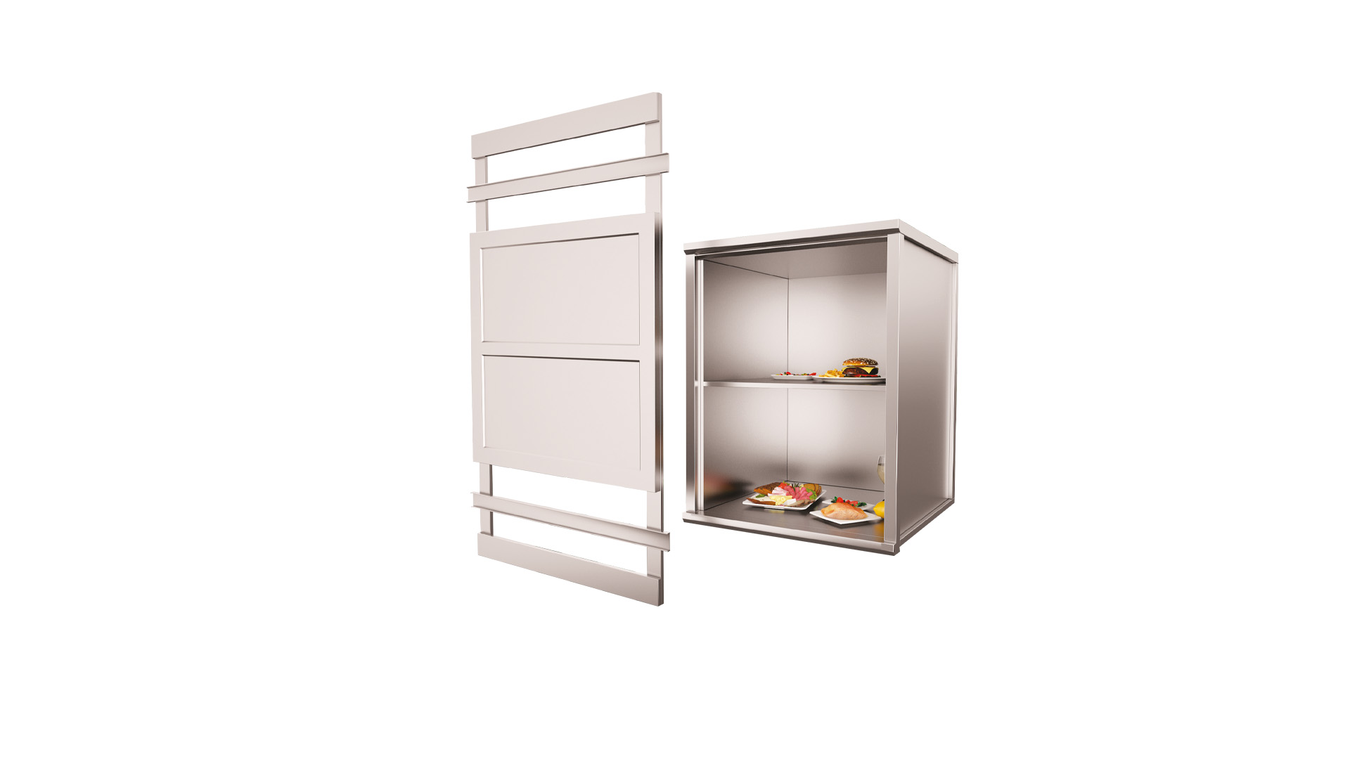 Close-up of dumbwaiter elevator door highlighting safety features and stainless steel construction for durability.